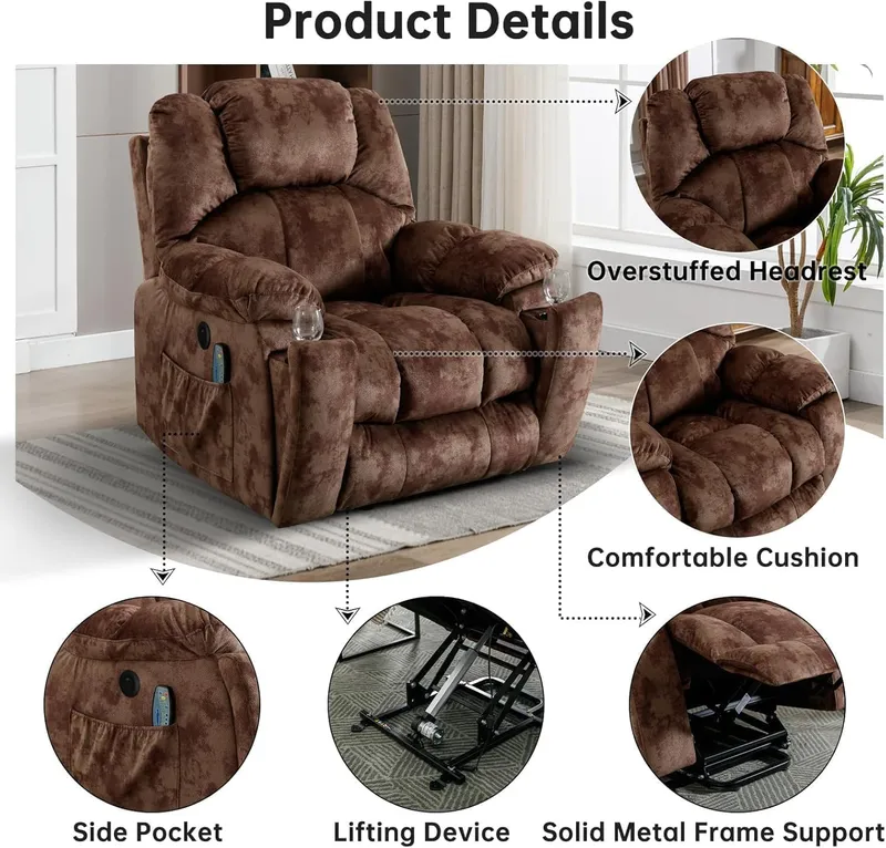 CANMOV Large Power Lift Recliner with Massage and Heat for Elderly, Camel Brown